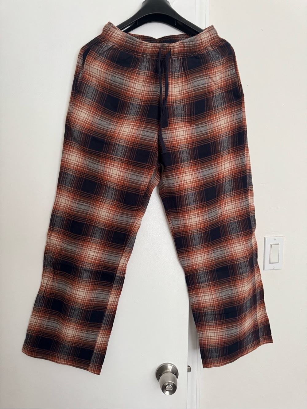 Uniqlo flannel pants women small brown checkered pull on loose pajamas sleep Lou